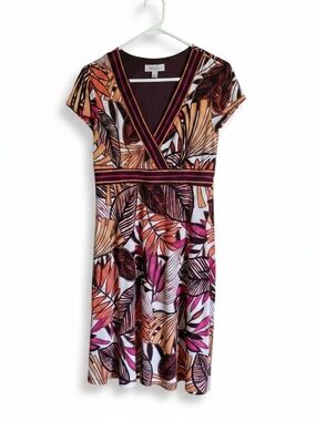 dressbarn V‑Neck Midi Dress in Pink, Tan and Brown